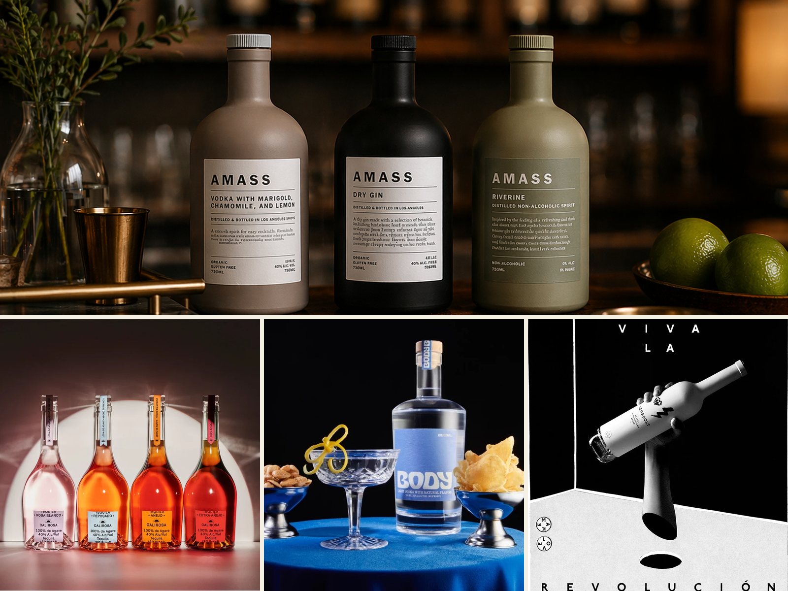 The AMASS spirits portfolio: AMASS gin and vodka, Calirosa Tequila, BODY Vodka and Gem & Bolt Mezcal
