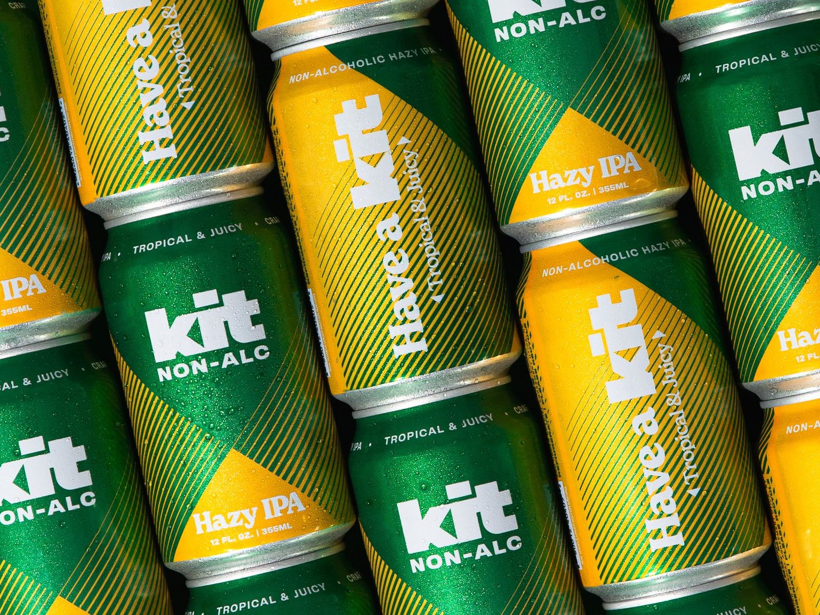 Rows of Kit Non-Alc Hazy IPA cans